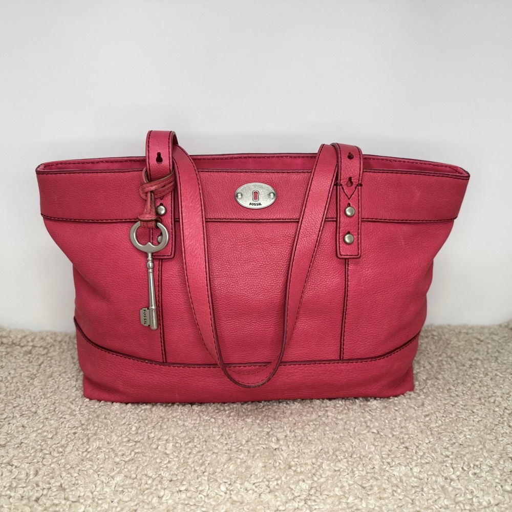 Fossil Hunter Shopper Tote Pink Pebbled Leather Bag Silver Key Charm